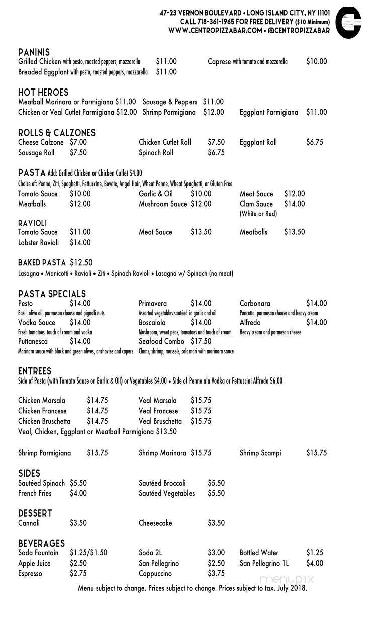 Centro Pizza Bar & Italian Kitchen - Long Island City, NY menu_pic