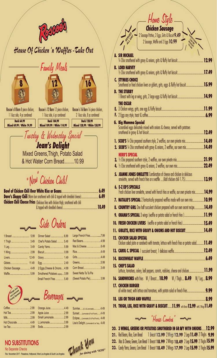 Roscoes House of Chicken and Waffles - Los Angeles, CA menu_pic