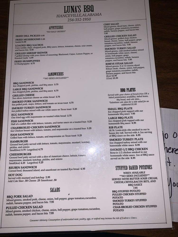 Luna's BBQ - Hanceville, AL menu_pic