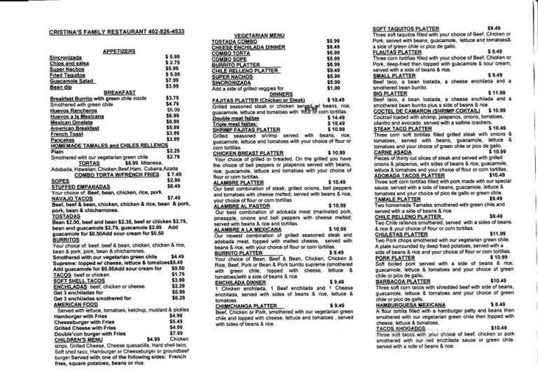 Christina's Family Restaurant - Crete, NE menu_pic
