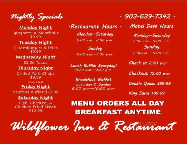 Menu of Wildflower Restaurant in Hughes Springs, TX 75656