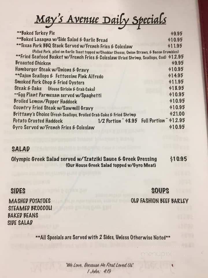 May's Avenue Restaurant - Gettysburg, PA menu_pic