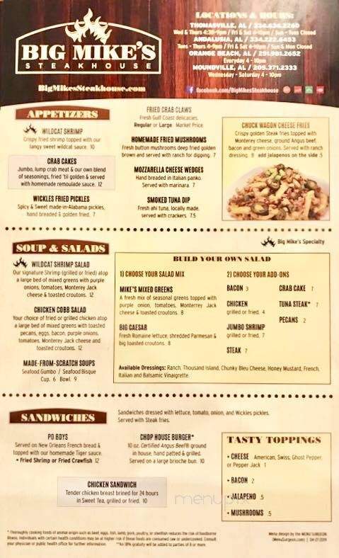 Big Mike's Steakhouse - Moundville, AL menu_pic