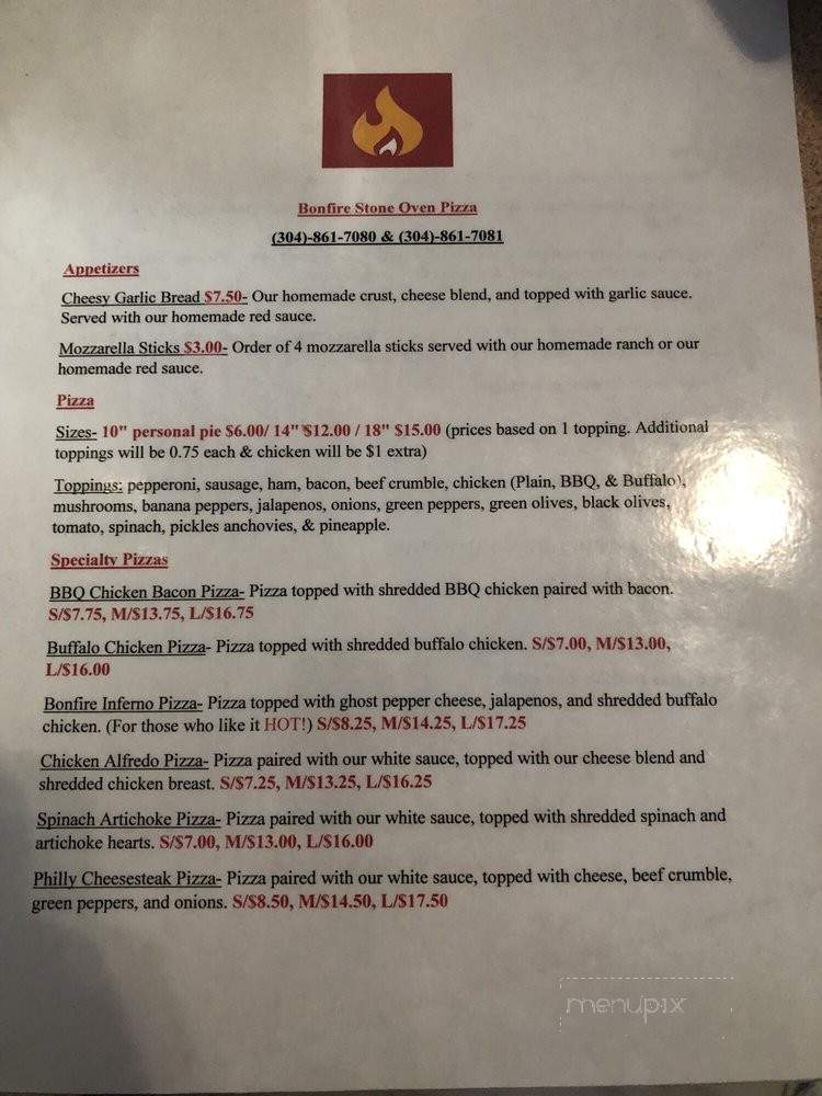 Bonfire Stone Oven Pizza - Washington, WV menu_pic