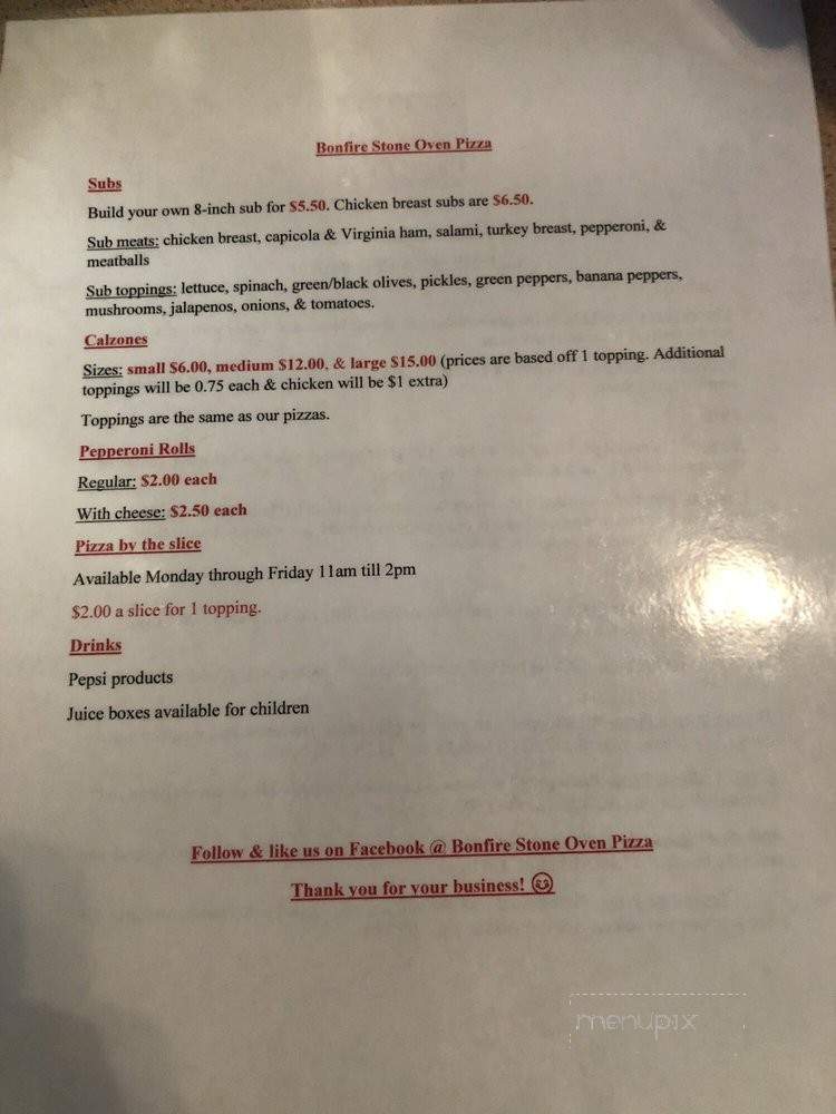 Bonfire Stone Oven Pizza - Washington, WV menu_pic