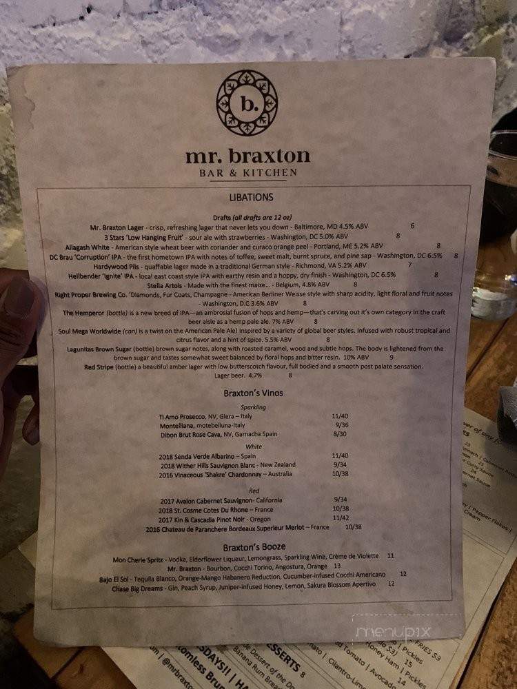 Mr Braxton Bar & Kitchen - Washington, DC menu_pic