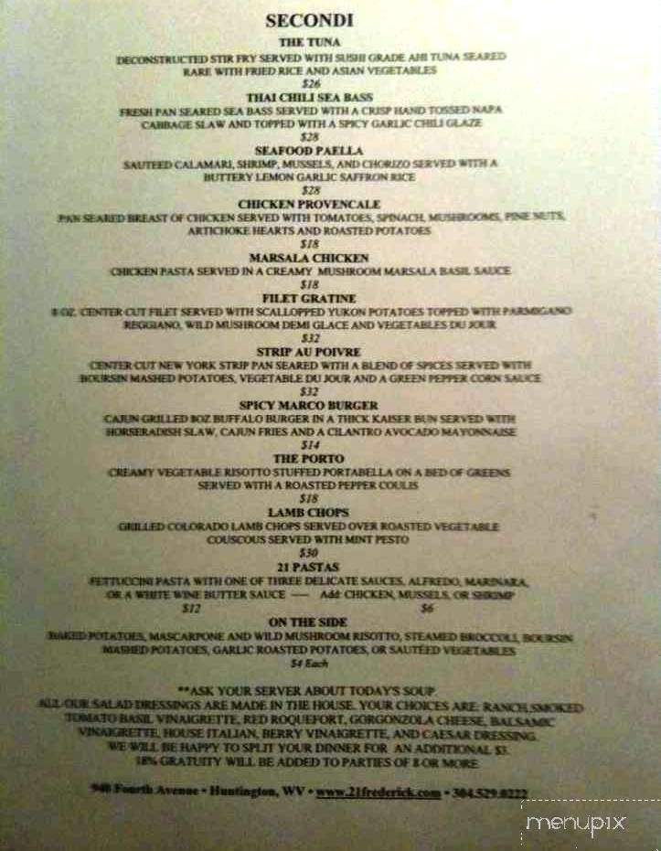 21 at the Frederick - Huntington, WV menu_pic