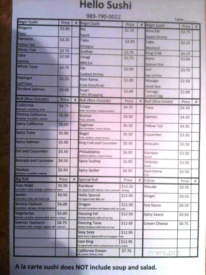 Hello Sushi - Saginaw, MI menu_pic