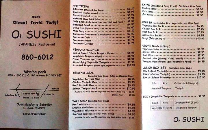 Oh Sushi - Kelowna, BC menu_pic