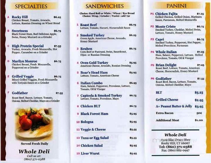 Whole Deli - Rocky Hill, CT menu_pic