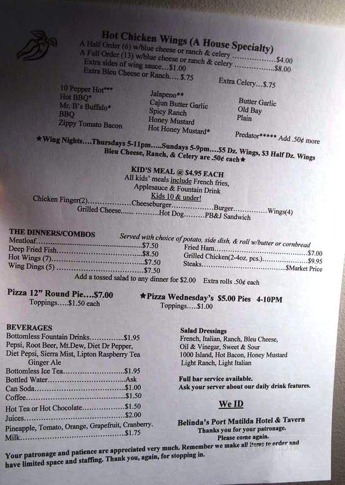 Belinda's Port Matilda Hotel & Tavern - Port Matilda, PA menu_pic