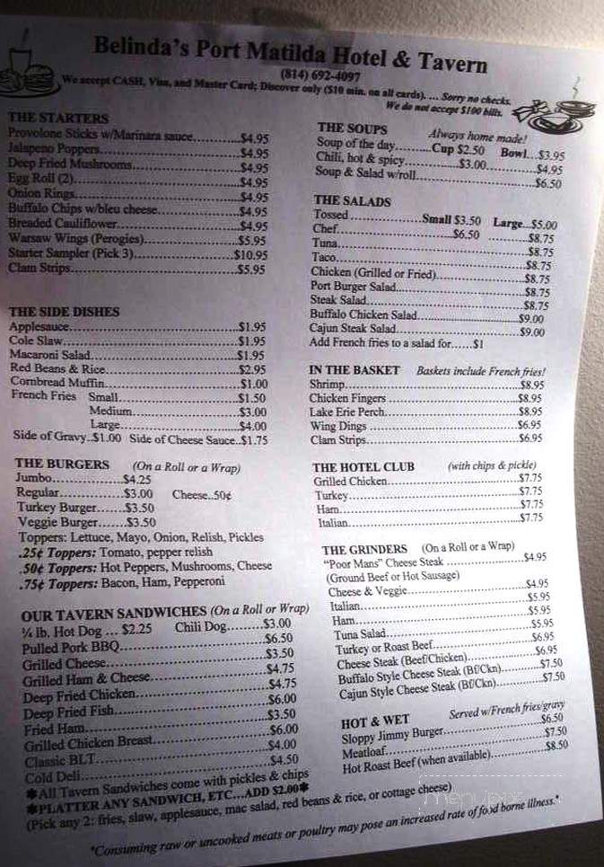 Belinda's Port Matilda Hotel & Tavern - Port Matilda, PA menu_pic