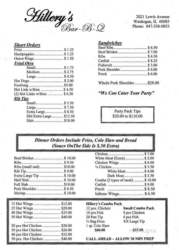 Hillery's Bar-Bq - Waukegan, IL menu_pic