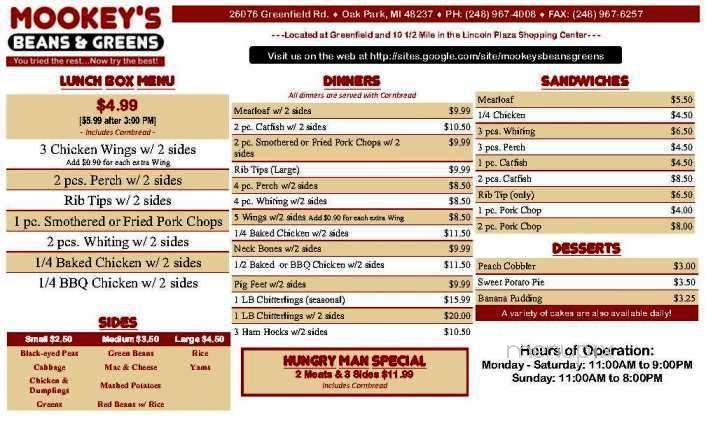 Mookey's Beans & Greens - Oak Park, MI menu_pic
