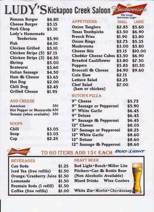 Ludy's Kickapoo Creek Saloon - Edwards, IL menu_pic