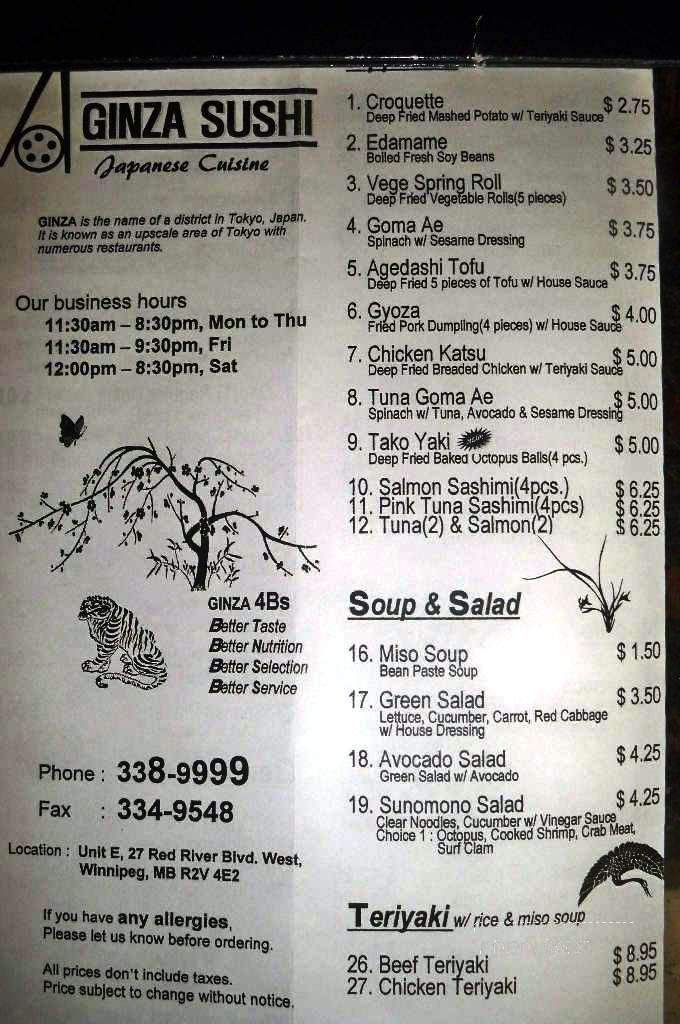 Ginza Sushi - Winnipeg, MB menu_pic