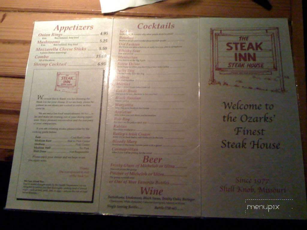 Menu of Steak Inn in Shell Knob, MO 65747