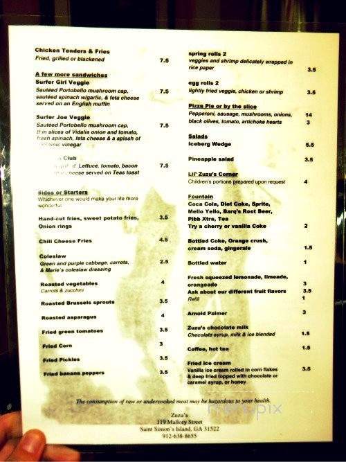 Zuzu's - St Simons Island, GA menu_pic