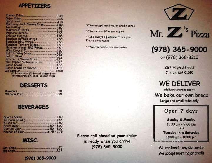 Mr Z's Pizza - Clinton, MA menu_pic