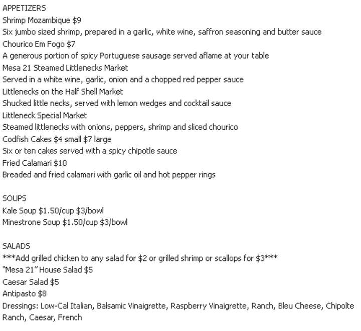 Mesa 21 - Fall River, MA menu_pic