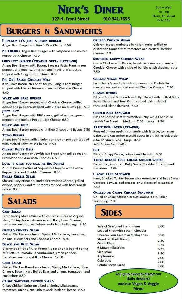 Nick's Diner - Wilmington, NC menu_pic