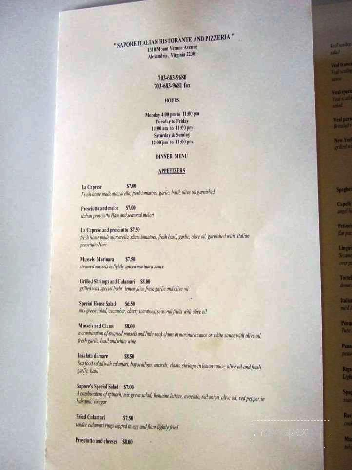 Sapore D'Italia Italian Ristorante and Pizzeria - Alexandria, VA menu_pic