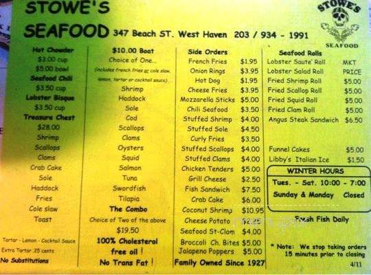 Stowe's Seafood - West Haven, CT menu_pic