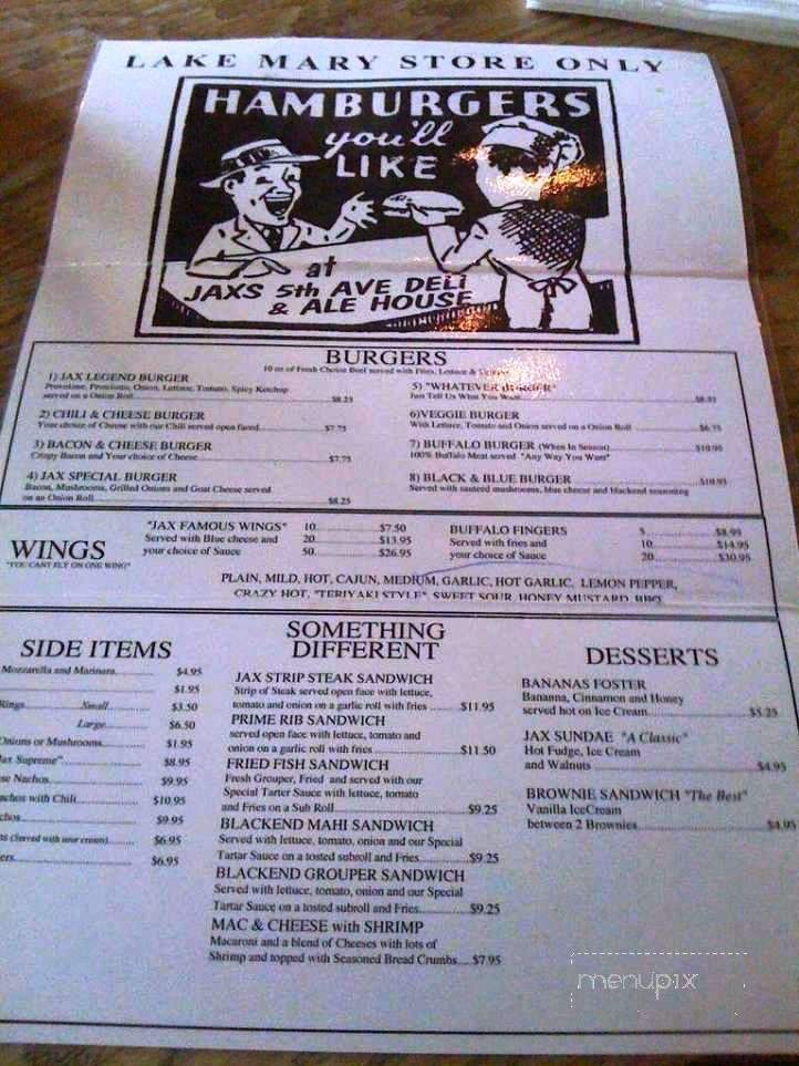 Jax 5th Ave Deli & Ale House - Lake Mary, FL menu_pic