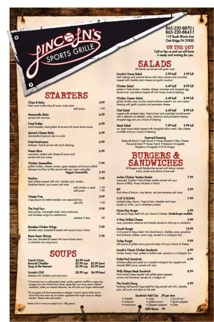 Lincoln's Sports Grille - Oak Ridge, TN menu_pic