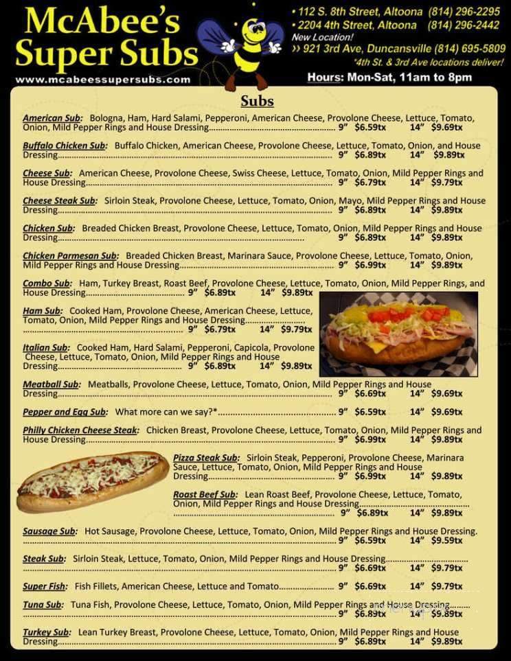 McAbee's Super Sub. Menus - Altoona, PA menu_pic