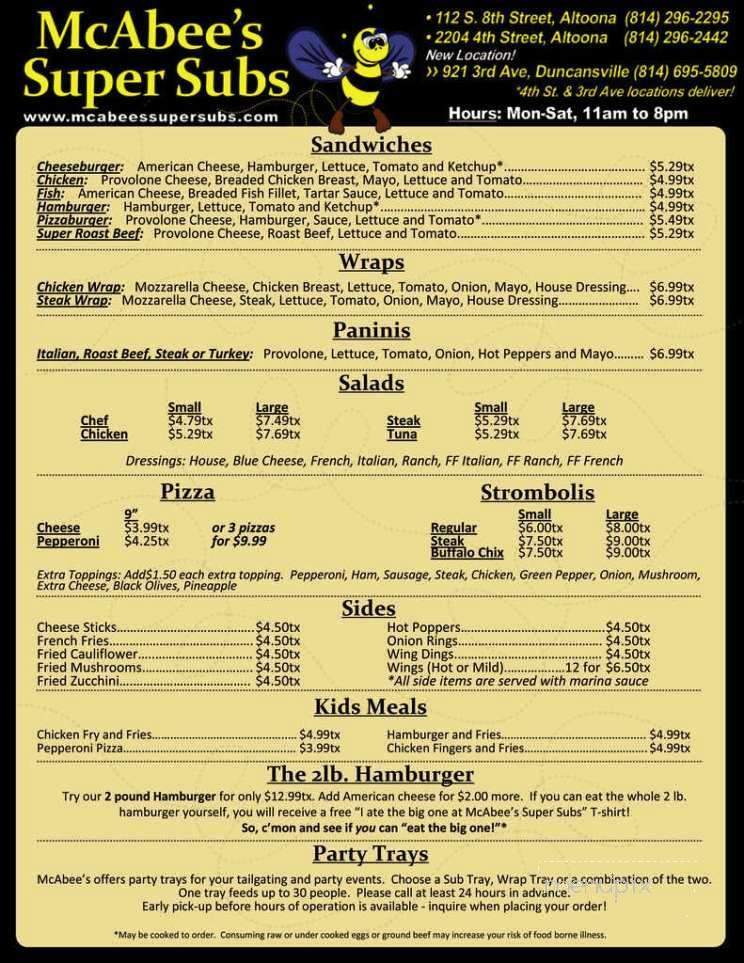 McAbee's Super Sub. Menus - Altoona, PA menu_pic