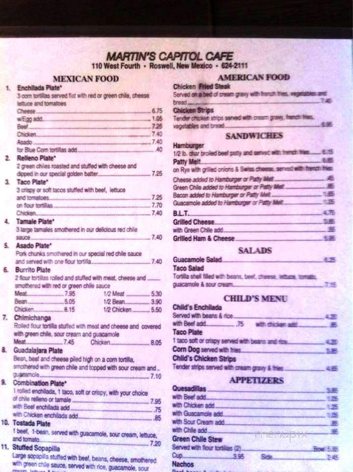 Martins Capitol Cafe - Roswell, NM menu_pic