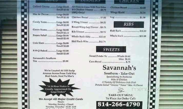 Savannah's - Johnstown, PA menu_pic