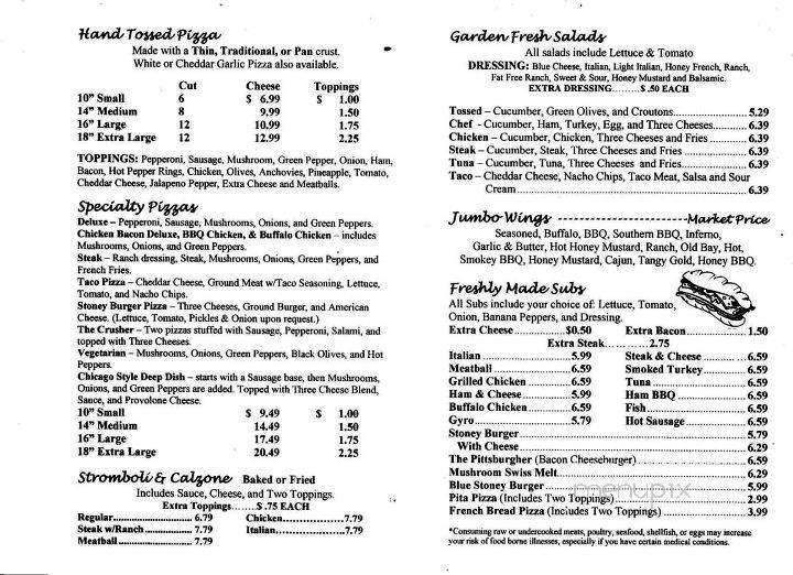 Stoney's Pizza - Vandergrift, PA menu_pic