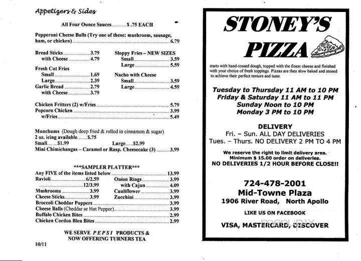 Stoney's Pizza - Vandergrift, PA menu_pic