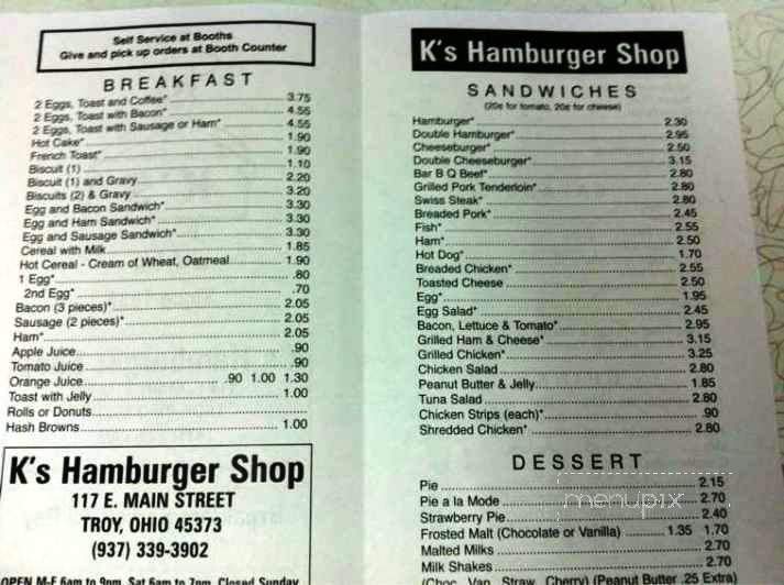 K's Hamburger Shop - Troy, OH menu_pic