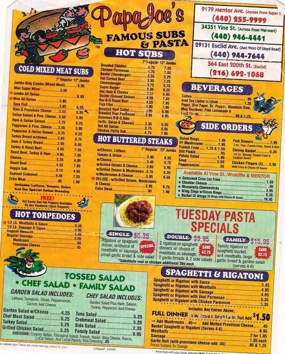 Papa Joe's Subs & Pasta - Willowick, OH menu_pic