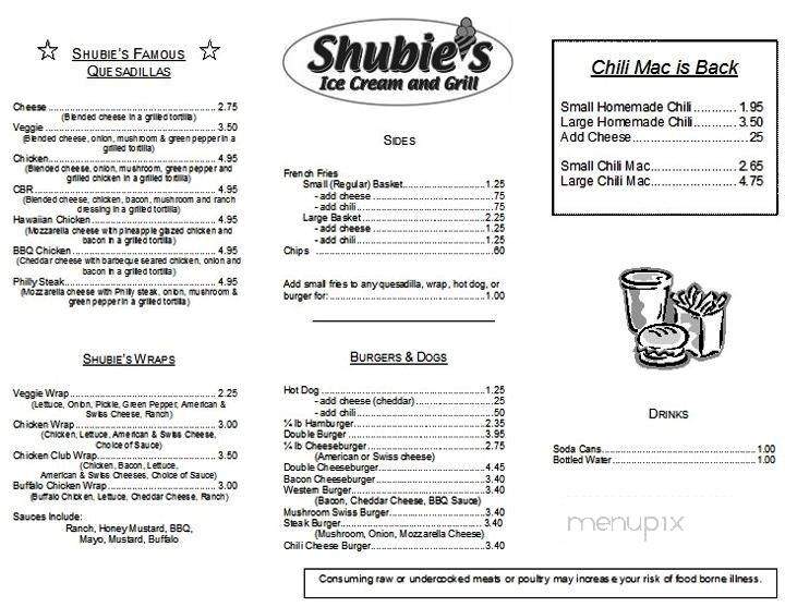 Shubie's Ice Cream & Grill - Rossford, OH menu_pic