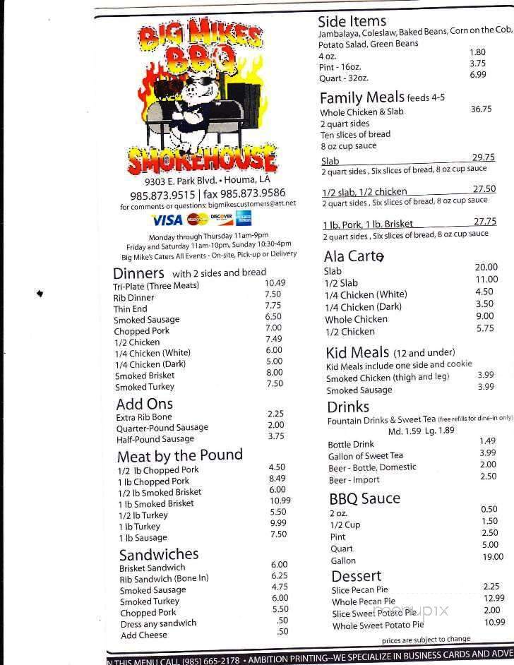 Big Mike's BBQ Smokehouse - Houma, LA menu_pic
