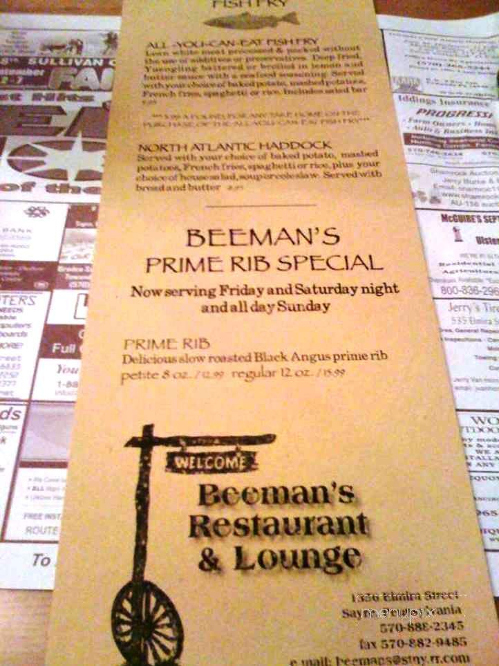 Beeman's Family Restaurant - Sayre, PA menu_pic