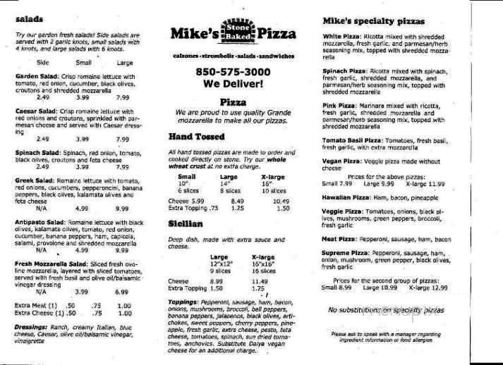 Mike's Stone baked pizza - Tallahassee, FL menu_pic