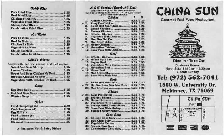 China Sun Restaurant - Mckinney, TX menu_pic