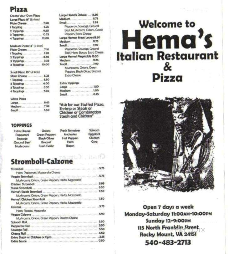 Hema's - Rocky Mount, VA menu_pic