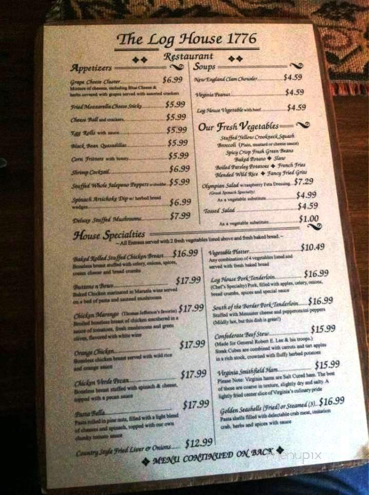 Log House 1776 Restaurant - Wytheville, VA menu_pic
