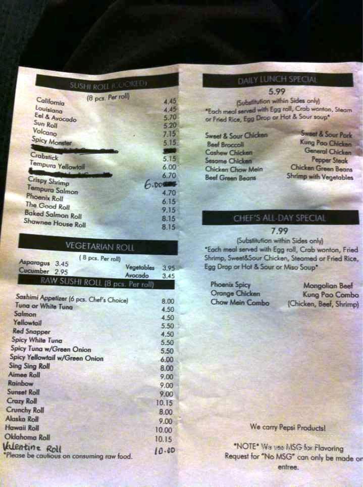 Phoenix Asian Diner - Shawnee, OK menu_pic