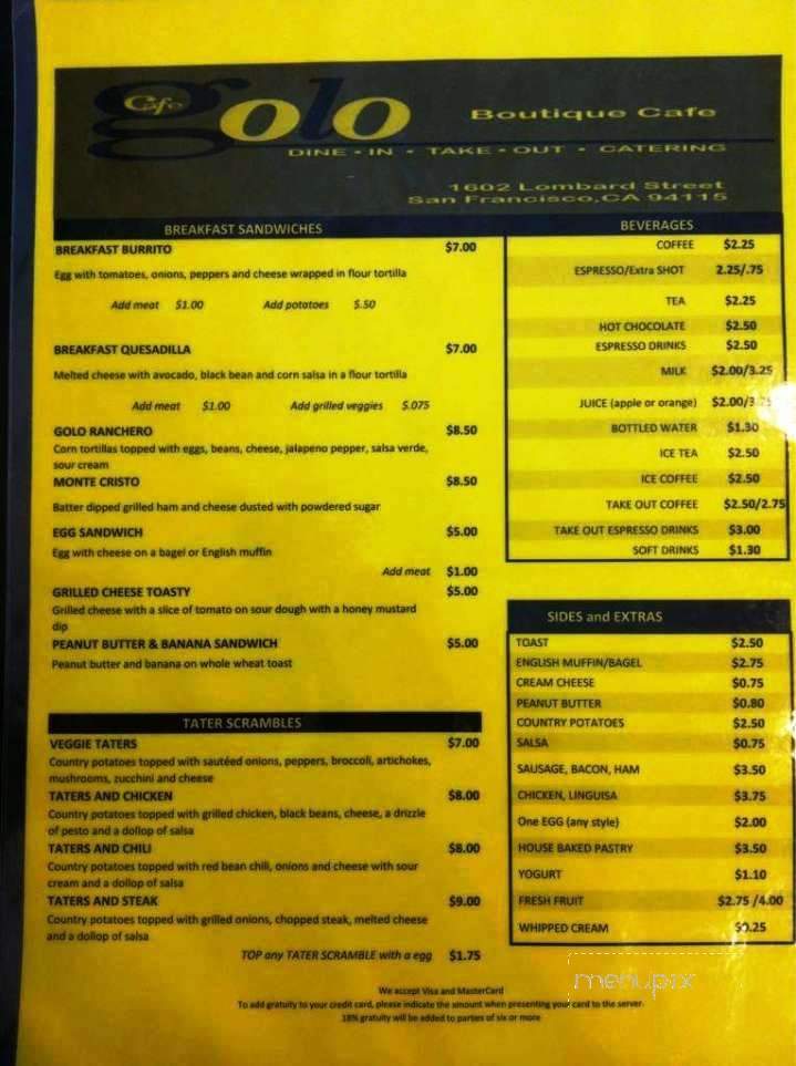 Cafe Golo - San Francisco, CA menu_pic