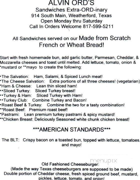 Alvin Ord's Sandwich Shop - Weatherford, TX menu_pic