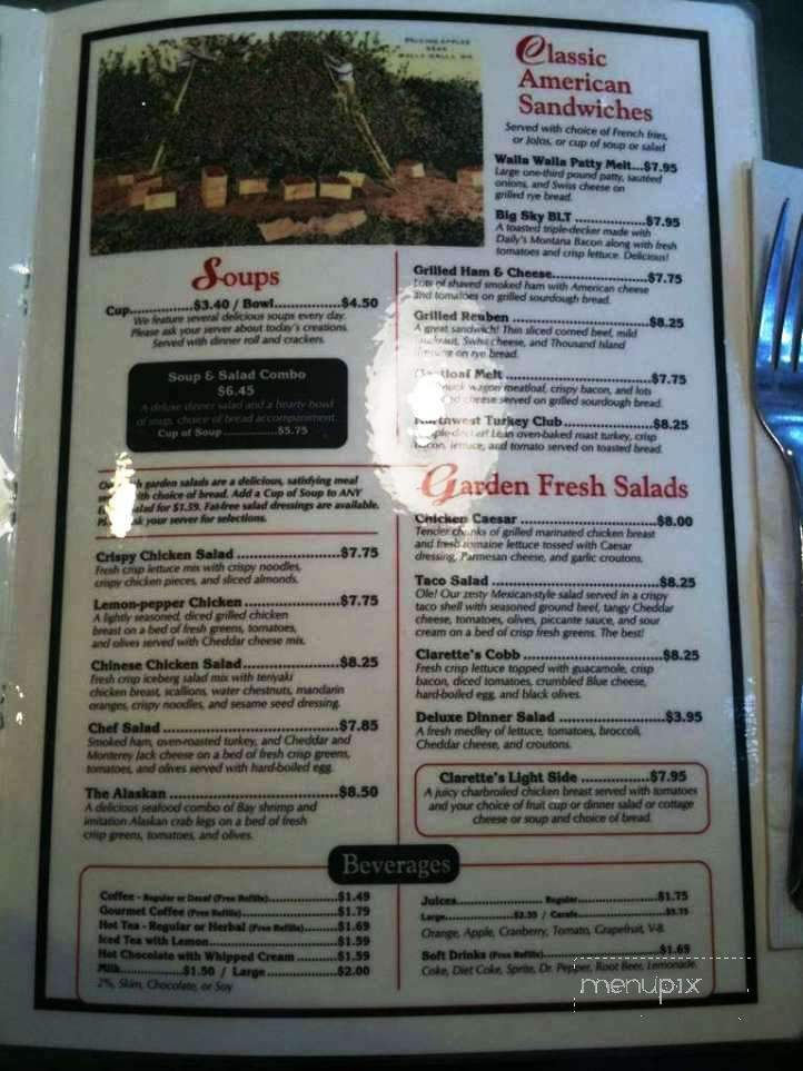 Clarette's Restaurant - Walla Walla, WA menu_pic