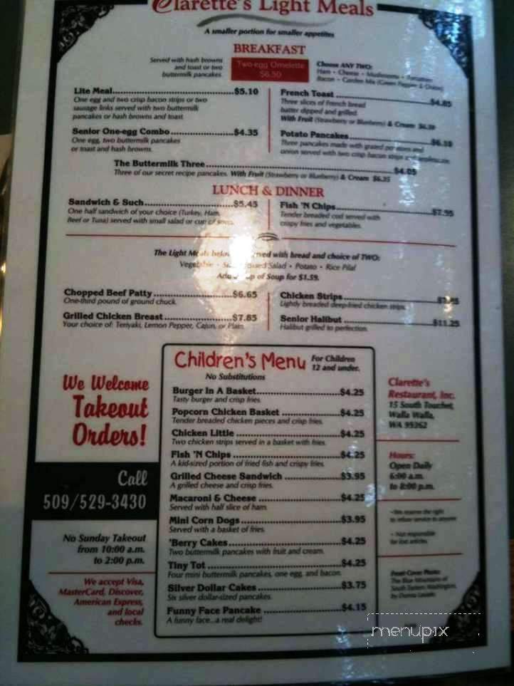 Clarette's Restaurant - Walla Walla, WA menu_pic