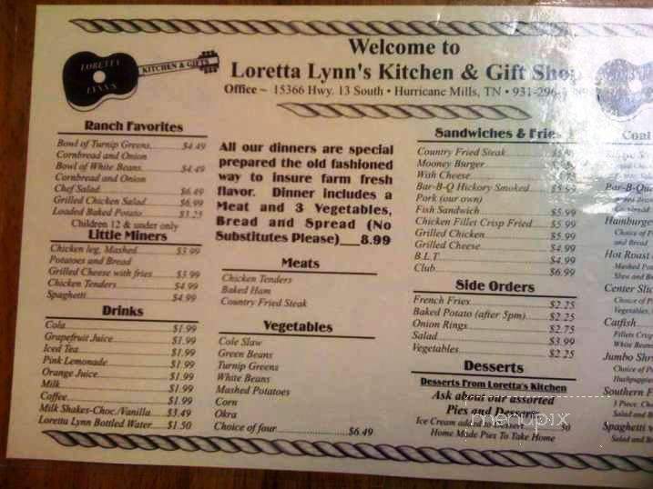 Loretta Lynn's Kitchen - Hurricane Mills, TN menu_pic